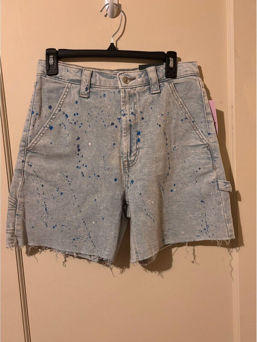 Wild Fable Light Wash Denim Shorts with Blue Paint Splatter and Raw Hem, Size 8